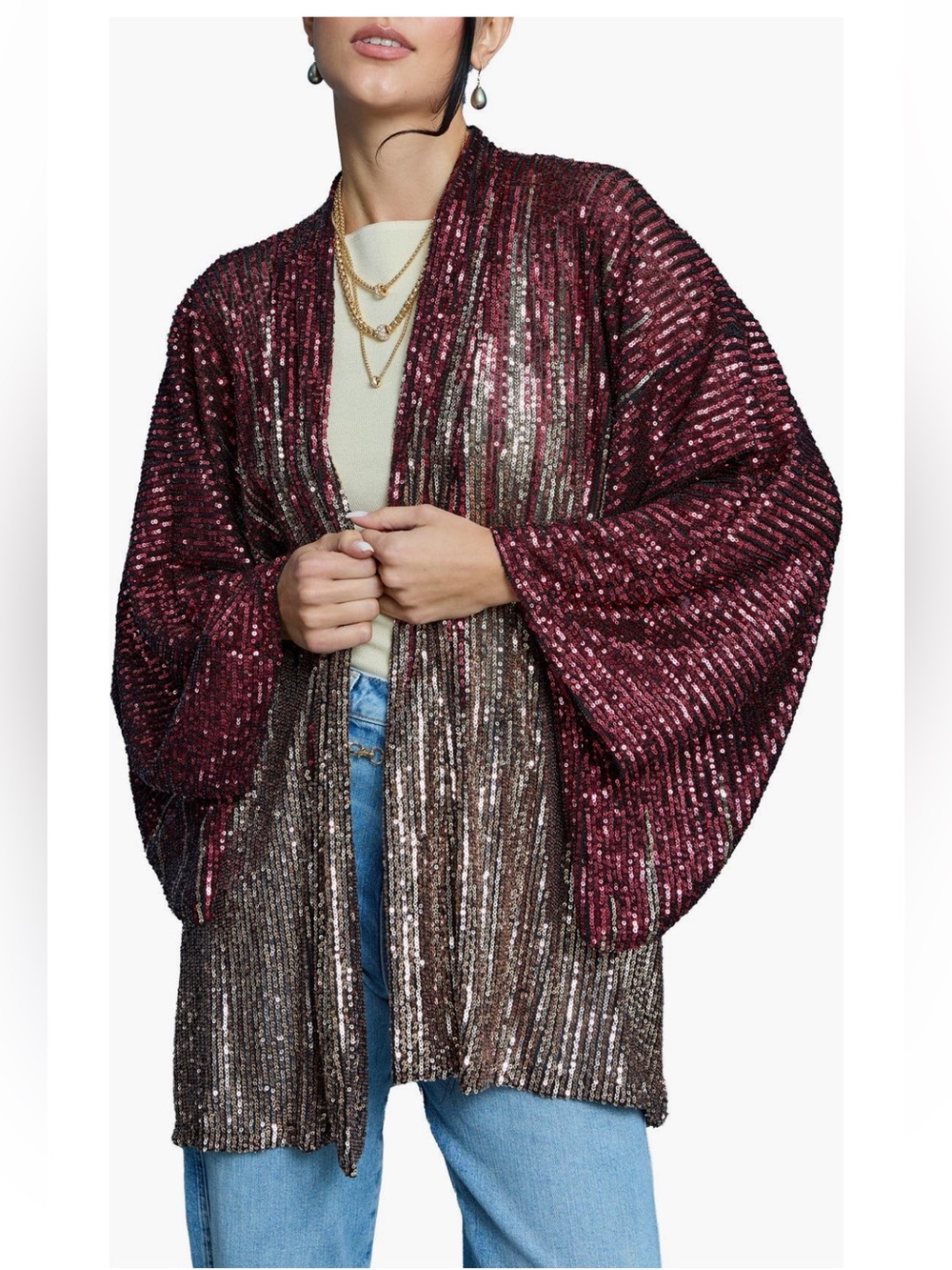 Saachi Sequin Party Duster Open Sweater XS Burgundy Multi